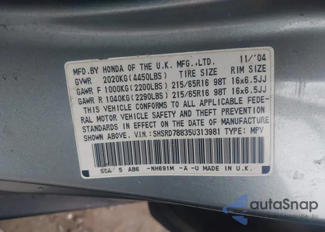 2005 Honda Cr-V Ex z USA, uszkodzony, nr VIN SHSRD78835U313981